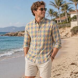 J. McLaughlin Men’s Large Linen Button Front Plaid Shirt Coastal Preppy Beach L